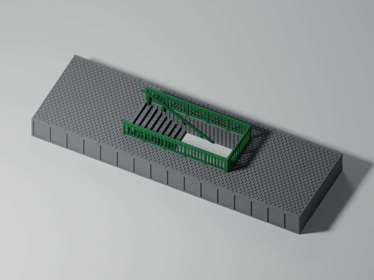 Bahnsteig H0 · Epoche III/IV · Treppenmodul mit Geländer · 200 × 65 mm · Pflaster · grauer Bahnsteig mit grünem Geländer und grünen Handläufen, PLA, unbemalt. Visualisierung.