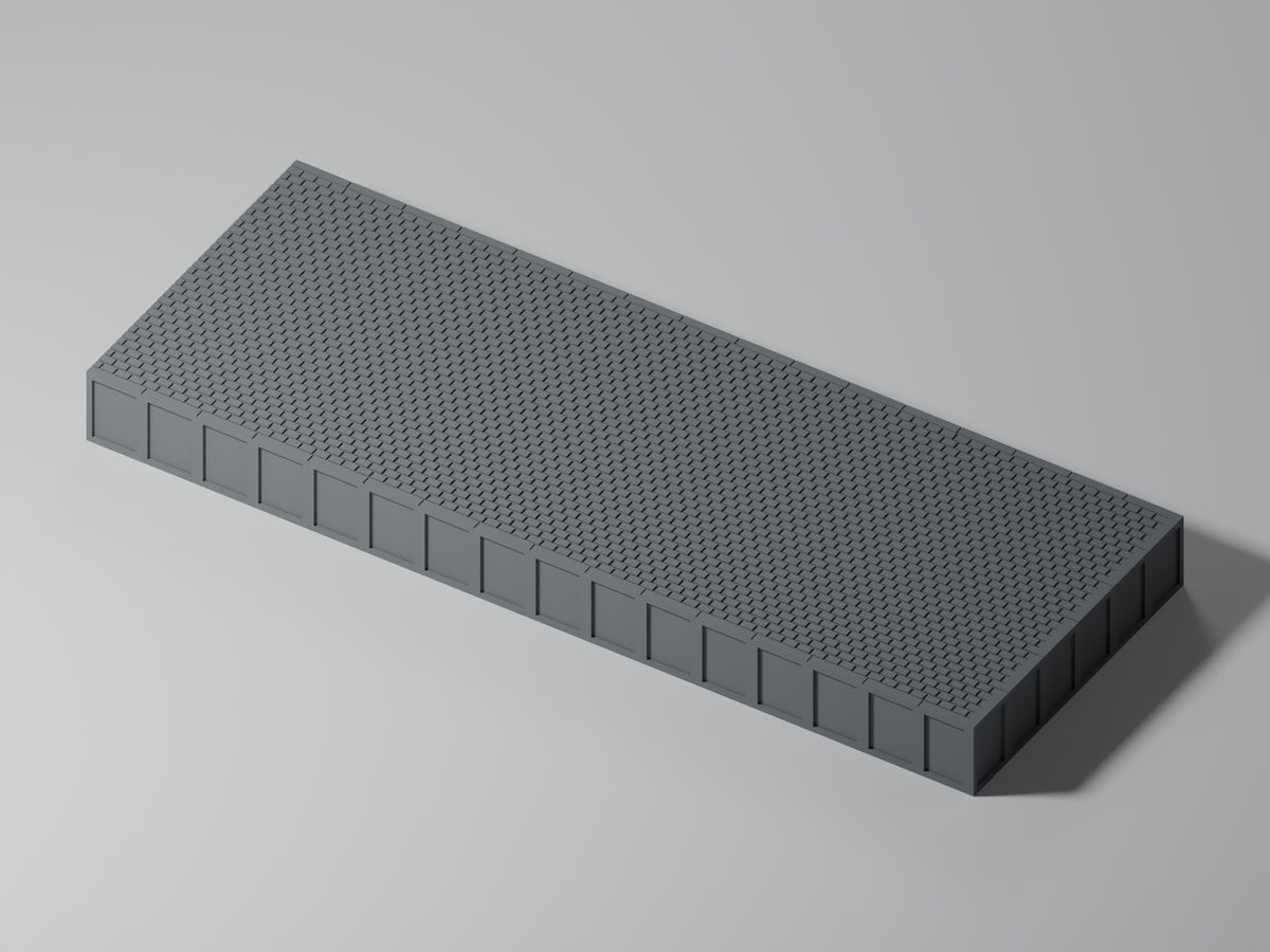 Bahnsteig H0 · Epoche III/IV · Endstück mit Stirnkante · 200 × 75 mm · Pflaster · einfarbig graues PLA, unbemalt. Visualisierung des tatsächlichen Modells.