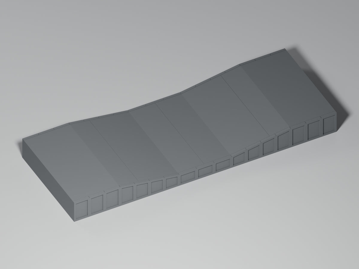 Bahnsteig H0 · Epoche III/IV · Ausgleichsstück 17–10–17 mm · 200 × 75 mm · Beton · einfarbig graues PLA, unbemalt. Visualisierung des tatsächlichen Modells.