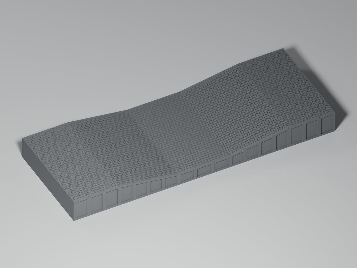 Bahnsteig H0 · Epoche III/IV · Ausgleichsstück 17–10–17 mm · 200 × 75 mm · Pflaster · einfarbig graues PLA, unbemalt. Visualisierung des tatsächlichen Modells.