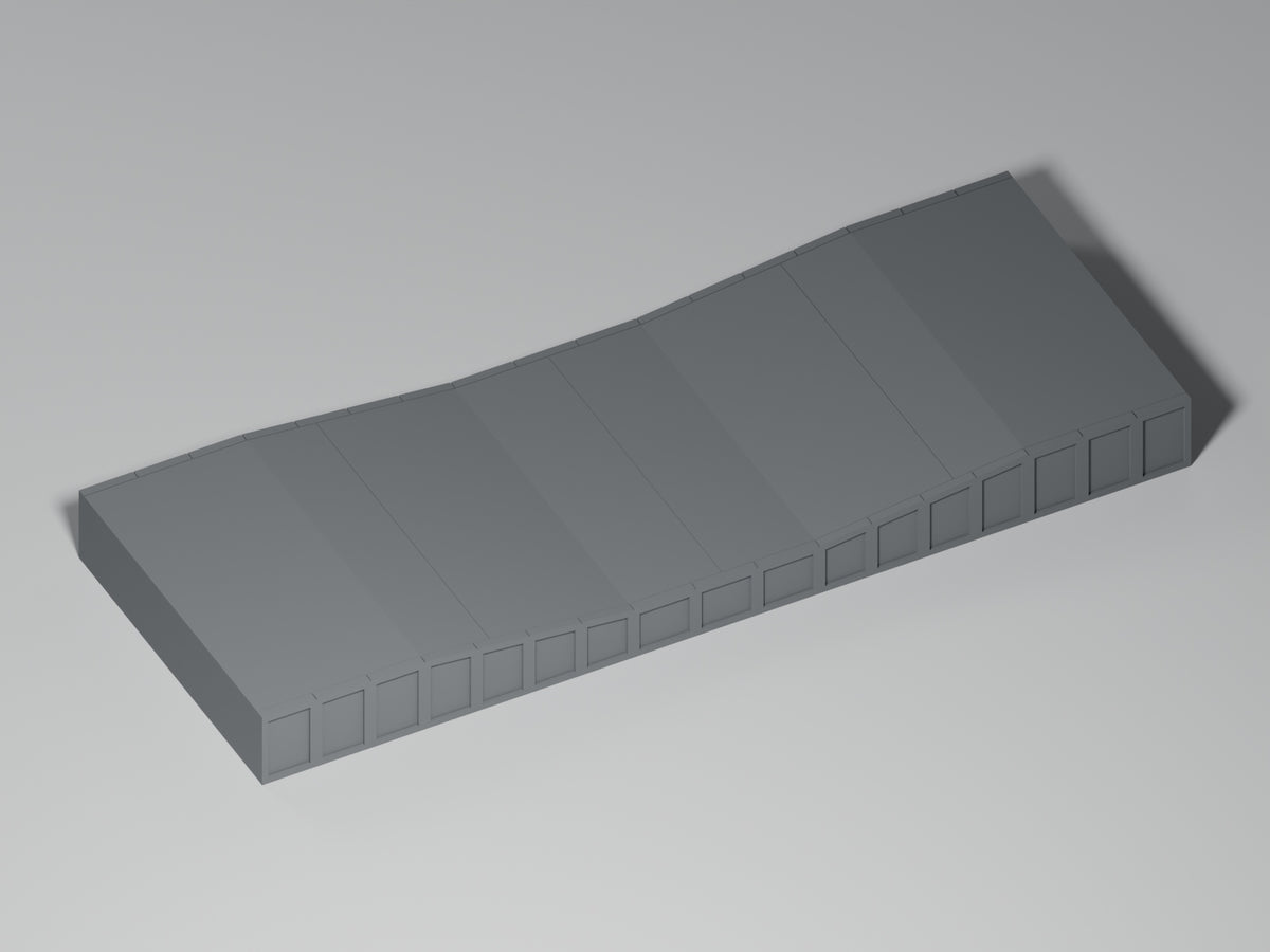 Bahnsteig H0 · Epoche III/IV · Ausgleichsstück 17–12–17 mm · 200 × 75 mm · Beton · einfarbig graues PLA, unbemalt. Visualisierung des tatsächlichen Modells.