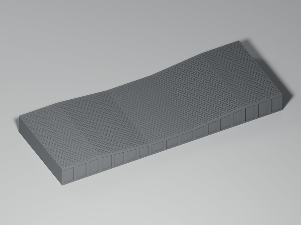Bahnsteig H0 · Epoche III/IV · Ausgleichsstück 17–12–17 mm · 200 × 75 mm · Pflaster · einfarbig graues PLA, unbemalt. Visualisierung des tatsächlichen Modells.