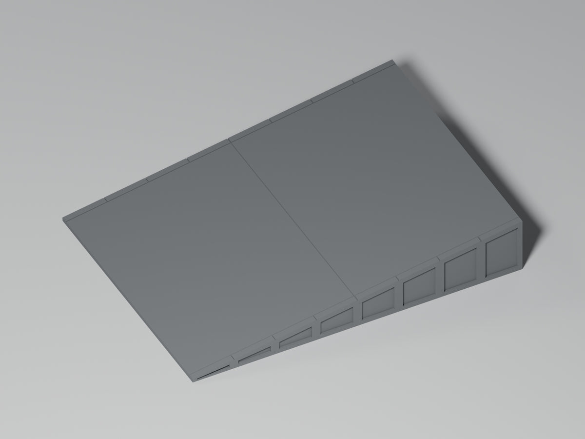 Bahnsteig H0 · Epoche III/IV · Kurze Endrampe · 100 × 75 mm · Beton · einfarbig graues PLA, unbemalt. Visualisierung des tatsächlichen Modells.