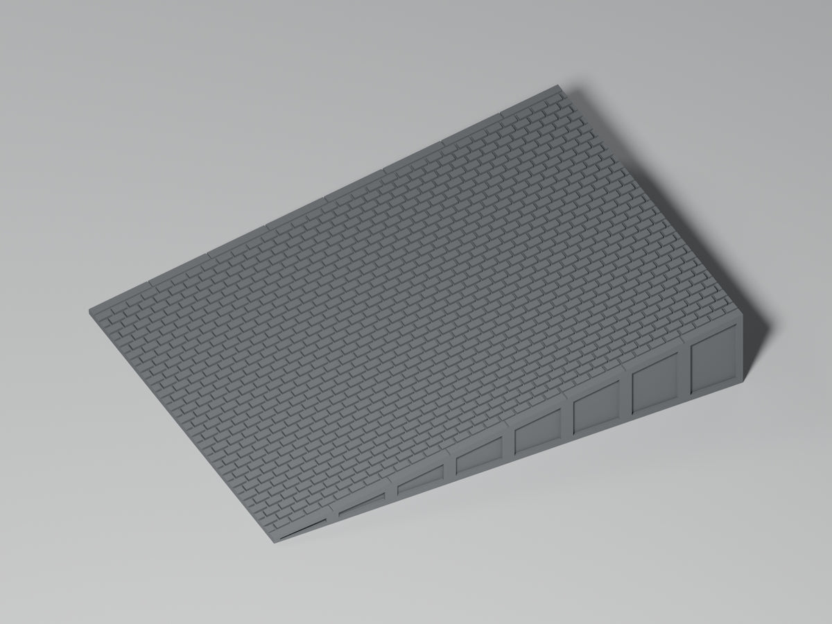 Bahnsteig H0 · Epoche III/IV · Kurze Endrampe · 100 × 75 mm · Pflaster · einfarbig graues PLA, unbemalt. Visualisierung des tatsächlichen Modells.