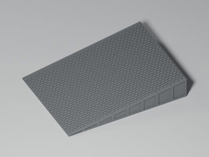 Bahnsteig H0 · Epoche III/IV · Kurze Endrampe · 100 × 75 mm · Pflaster · einfarbig graues PLA, unbemalt. Visualisierung des tatsächlichen Modells.