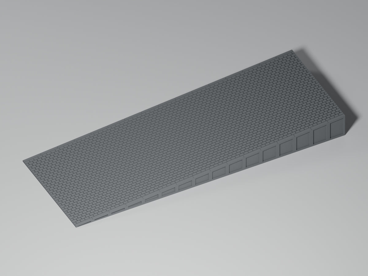 Bahnsteig H0 · Epoche III/IV · Endrampe · 200 × 75 mm · Pflaster · einfarbig graues PLA, unbemalt. Visualisierung des tatsächlichen Modells.