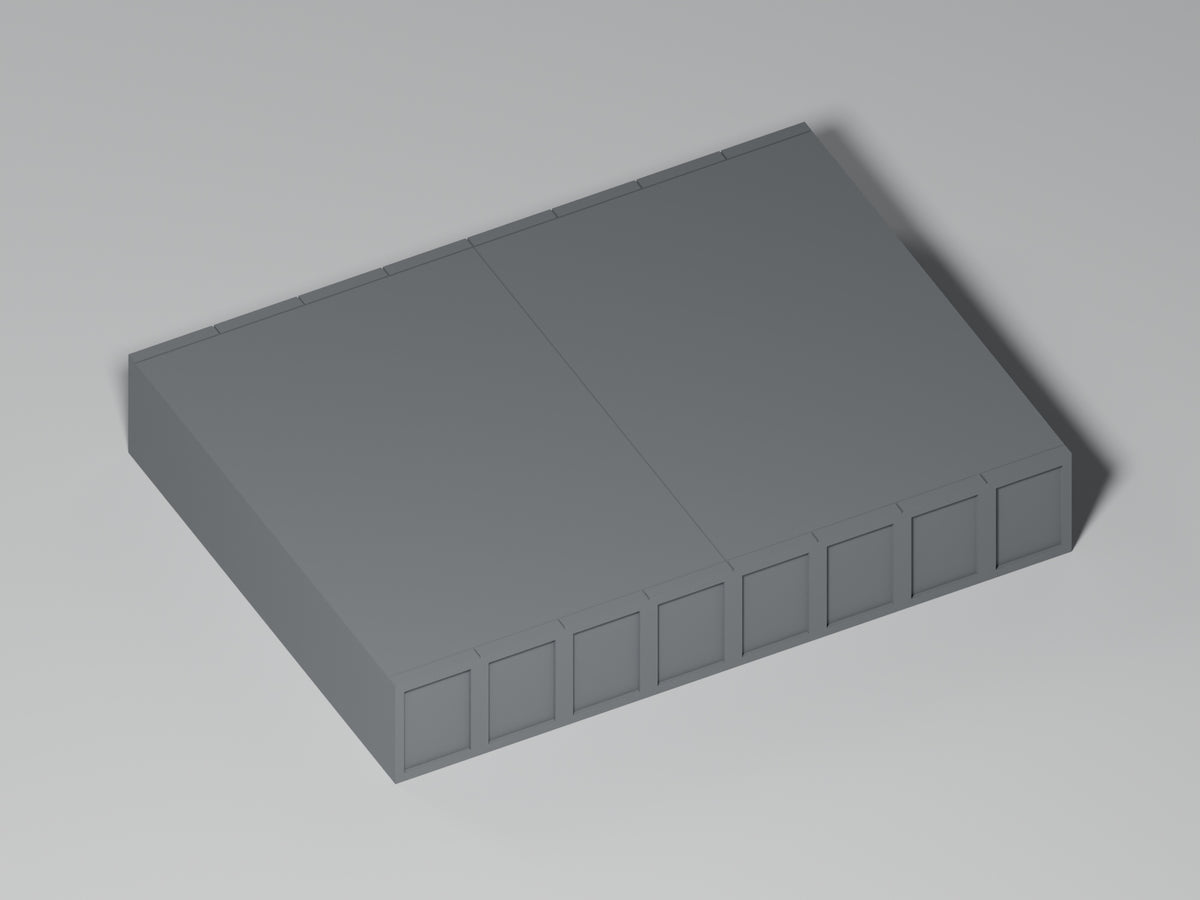 Bahnsteig H0 · Epoche III/IV · Gerades Zwischenstück · 100 × 75 mm · Beton · einfarbig graues PLA, unbemalt. Visualisierung des tatsächlichen Modells.