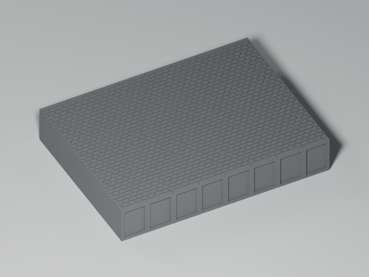 Bahnsteig H0 · Epoche III/IV · Gerades Zwischenstück · 100 × 75 mm · Pflaster · einfarbig graues PLA, unbemalt. Visualisierung des tatsächlichen Modells.