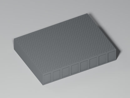 Bahnsteig H0 · Epoche III/IV · Gerades Zwischenstück · 100 × 75 mm · Pflaster · einfarbig graues PLA, unbemalt. Visualisierung des tatsächlichen Modells.