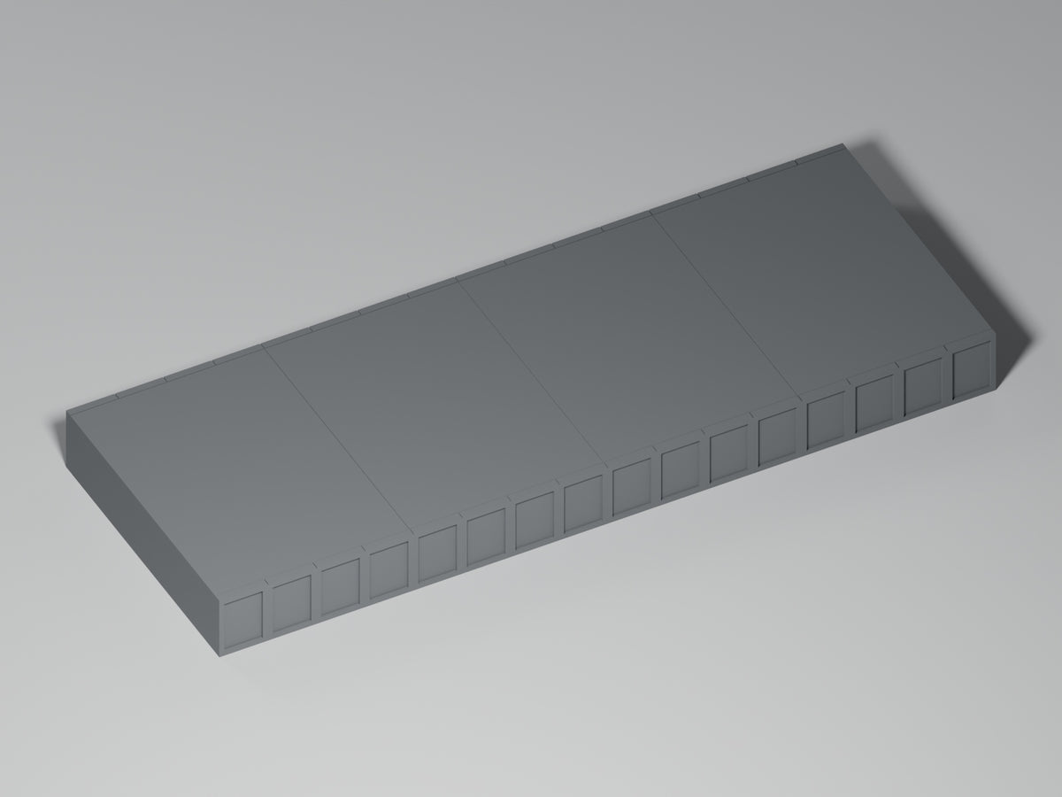 Bahnsteig H0 · Epoche III/IV · Gerades Modul · 200 × 75 mm · Beton · einfarbig graues PLA, unbemalt. Visualisierung des tatsächlichen Modells.