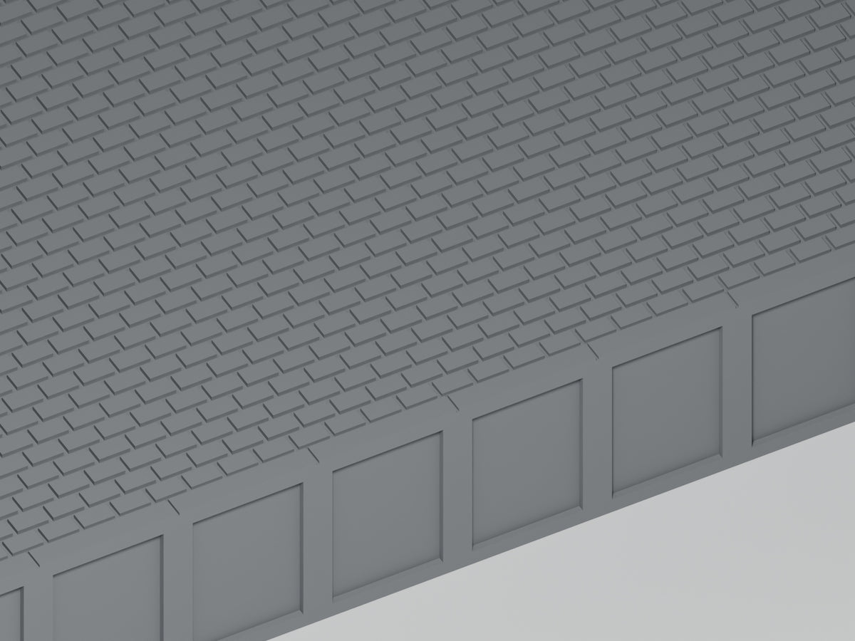 Detailansicht: Bahnsteig H0 · Epoche III/IV · Gerades Modul · 200 × 75 mm · Pflasterfugen und Bahnsteigkante. Einfarbig grau, unbemalt. Visualisierung.