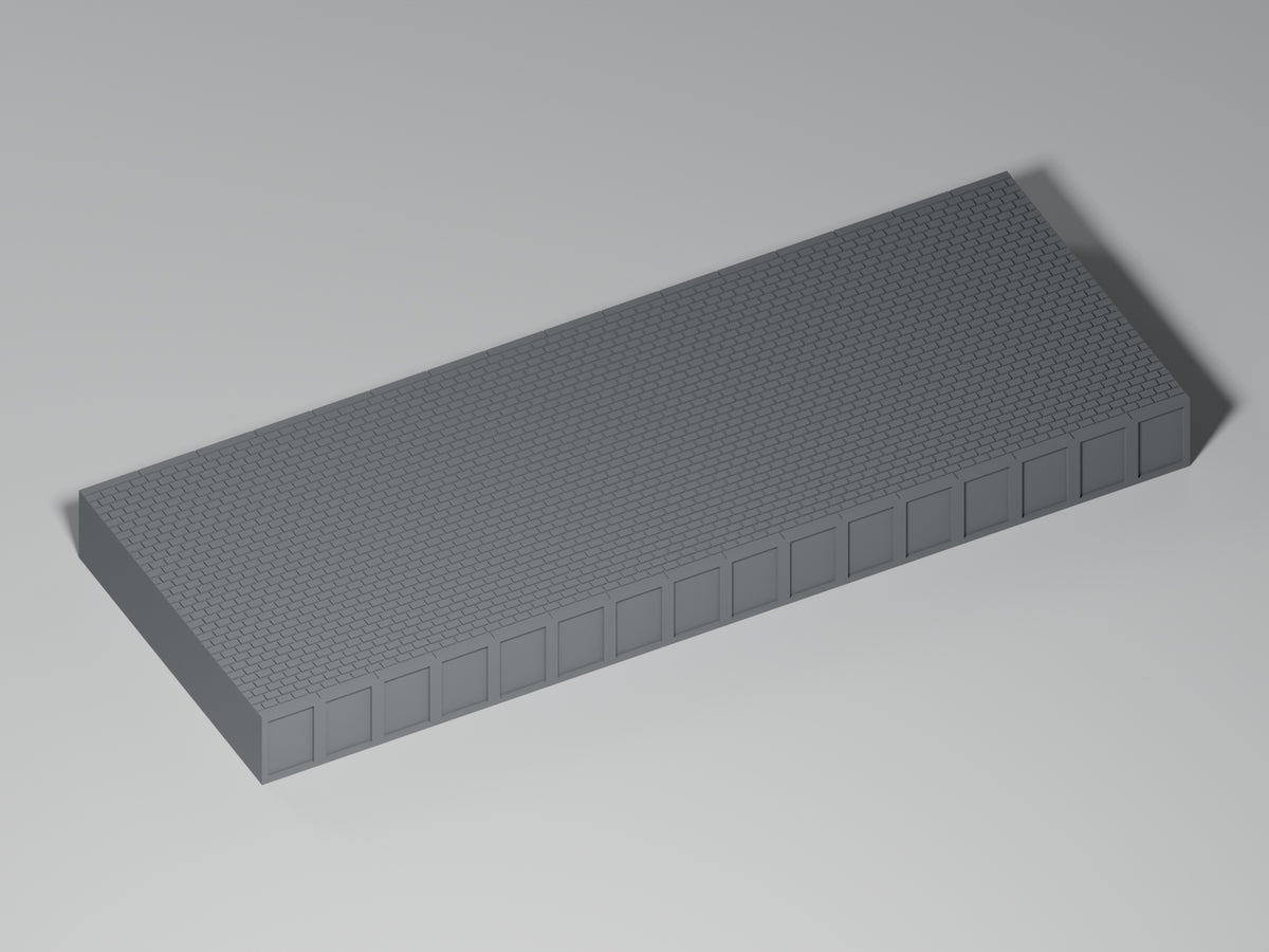 Bahnsteig H0 · Epoche III/IV · Gerades Modul · 200 × 75 mm · Pflaster · einfarbig graues PLA, unbemalt. Visualisierung des tatsächlichen Modells.