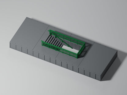 Bahnsteig H0 · Epoche III/IV · Treppenmodul mit Geländer · 200 × 75 mm · Beton · grauer Bahnsteig mit grünem Geländer und grünen Handläufen, PLA, unbemalt. Visualisierung.