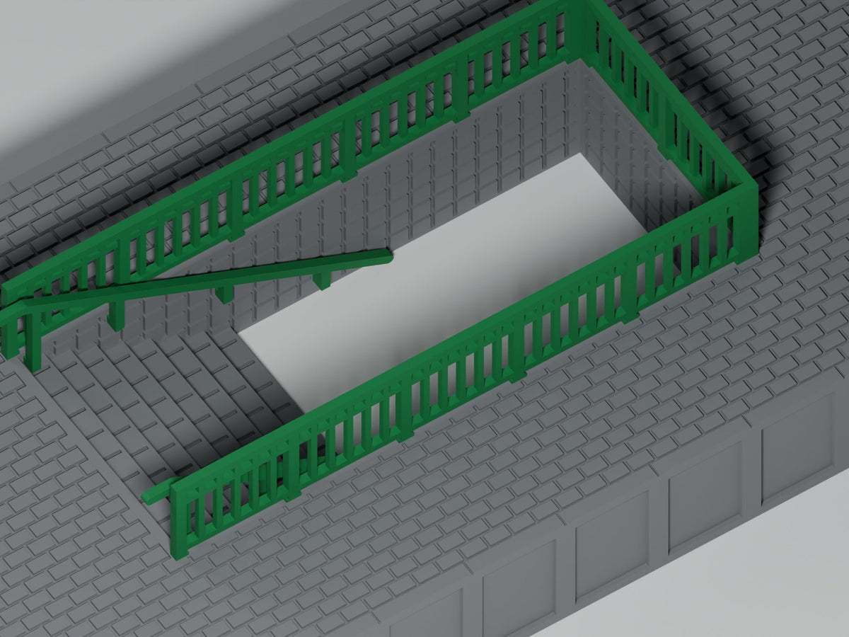 Bahnsteig H0 · Epoche III/IV · Treppenmodul mit Geländer · 200 × 75 mm · Detailansicht · grauer Bahnsteig mit grünem Geländer und grünen Handläufen, PLA, unbemalt. Visualisierung.
