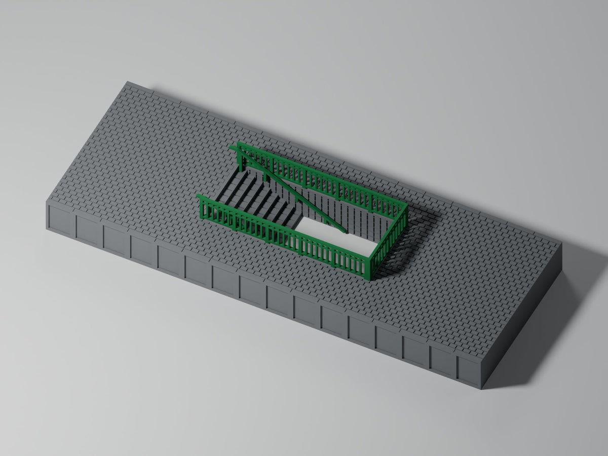 Bahnsteig H0 · Epoche III/IV · Treppenmodul mit Geländer · 200 × 75 mm · Pflaster · grauer Bahnsteig mit grünem Geländer und grünen Handläufen, PLA, unbemalt. Visualisierung.