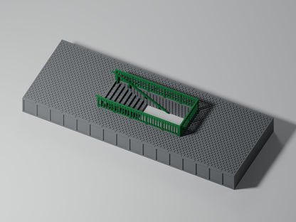 Bahnsteig H0 · Epoche III/IV · Treppenmodul mit Geländer · 200 × 75 mm · Pflaster · grauer Bahnsteig mit grünem Geländer und grünen Handläufen, PLA, unbemalt. Visualisierung.